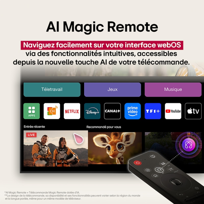 Télécommande LG AI Magic Remote avec le bouton IA en surbrillance. Autour d’elle se trouvent les différentes fonctionnalités auxquelles un utilisateur peut accéder à partir du bouton. AI Voice ID, AI Search, AI Chatbot, AI Concierge, AI Picture Wizard, AI Sound Wizard. Le texte explique que la télécommande LG AI Magic Remote complète votre AI Experience avec un bouton dédié à l’IA et peut être utilisée comme une souris aérienne. Il vous suffit de pointer et cliquer.